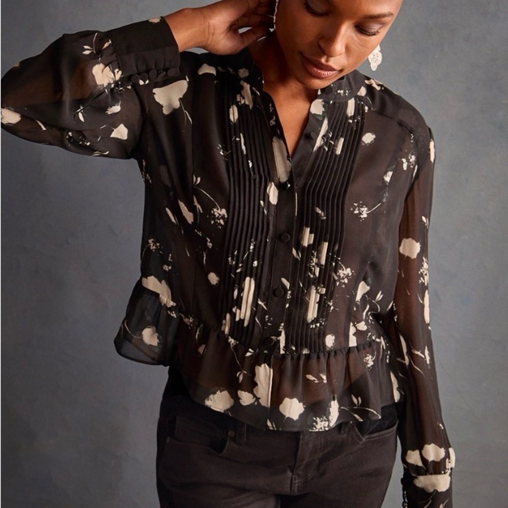 CAbi Sheer Black and White Floral (Silhouette) Blouse